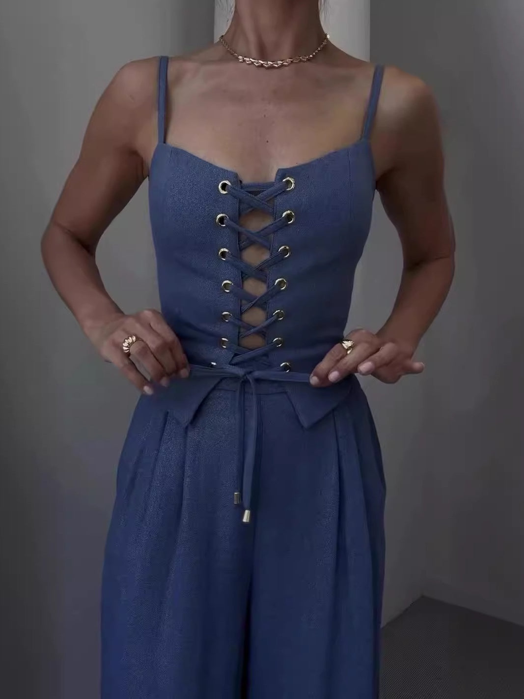 Linen Blend Tie Front Camisole Two-Piece Set-thevervian