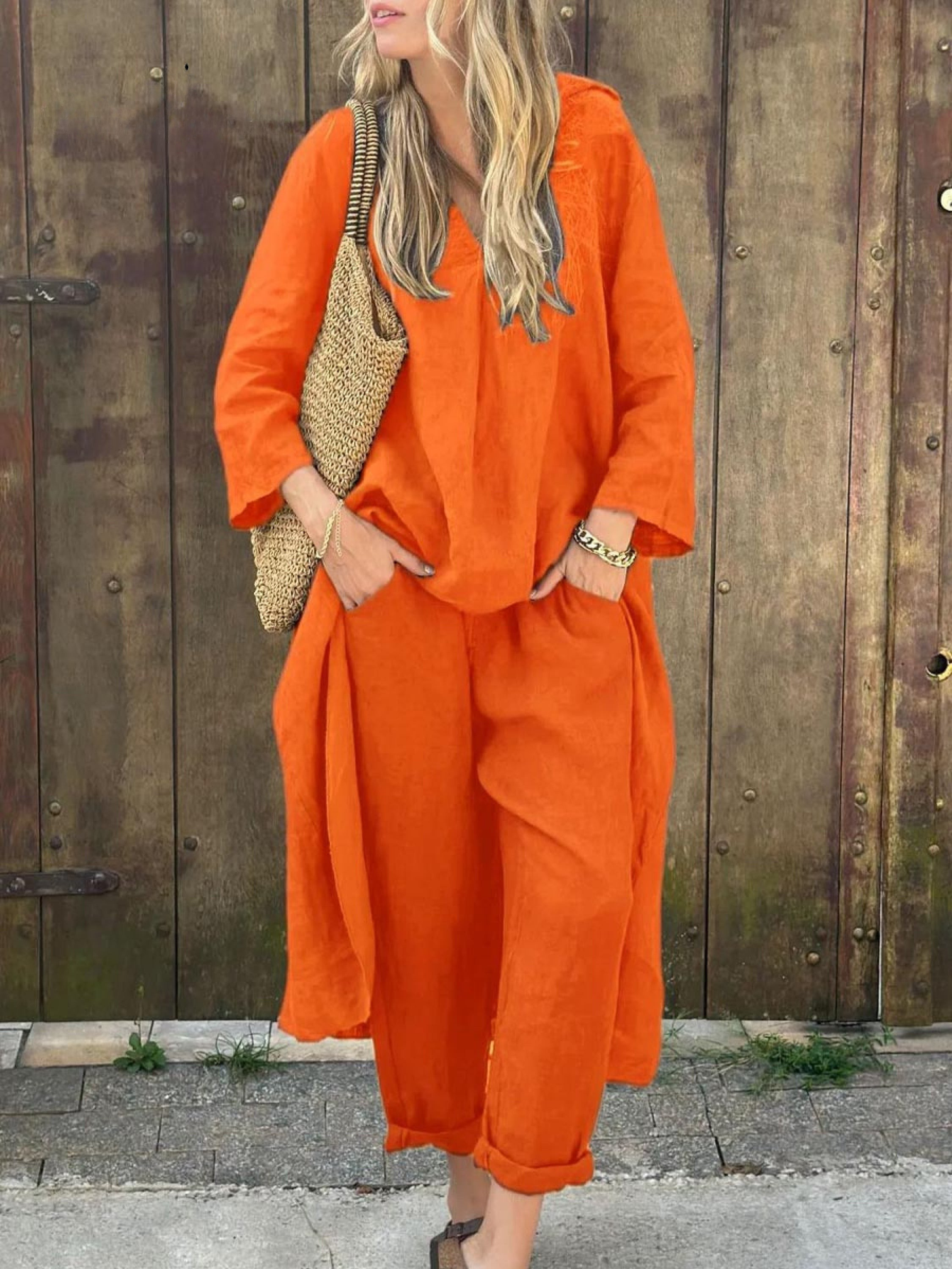 Linen Irregular Loose V-neck Top and High-Waisted Pocket Wide-leg Pants Set-thevervian