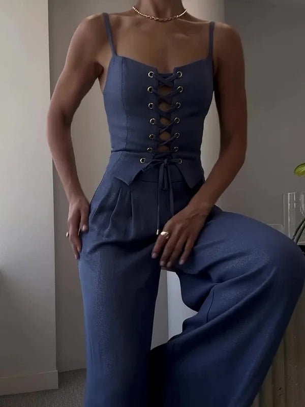 Linen Blend Tie Front Camisole Two-Piece Set-thevervian