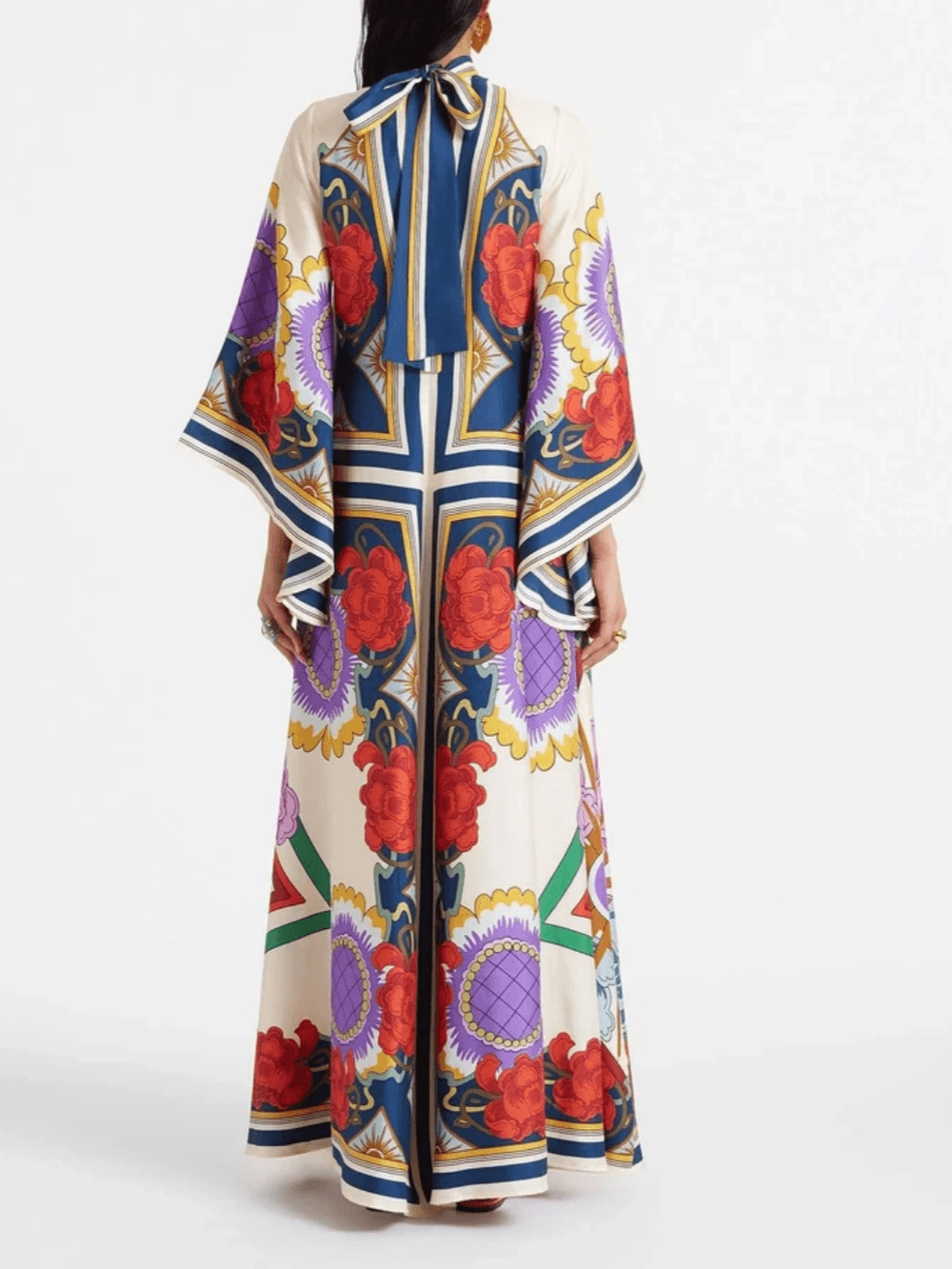 Exquisite Floral Print Draped Waterfall Sleeves Maxi Dress-thevervian