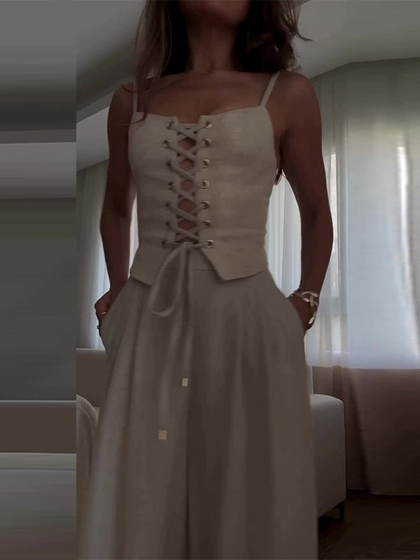 Linen Blend Tie Front Camisole Two-Piece Set-thevervian