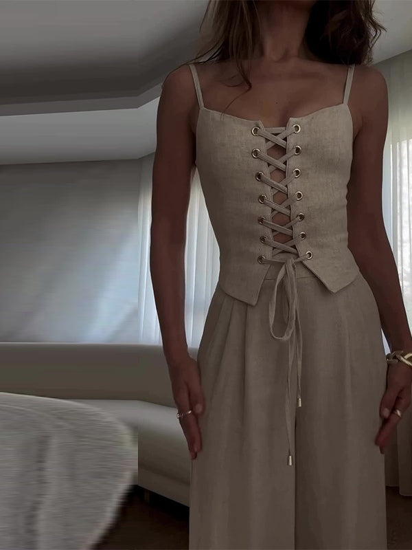 Linen Blend Tie Front Camisole Two-Piece Set-thevervian