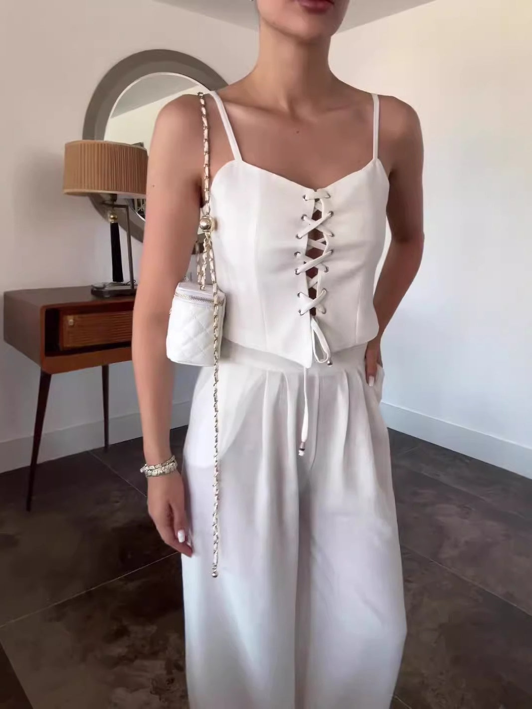 Linen Blend Tie Front Camisole Two-Piece Set-thevervian