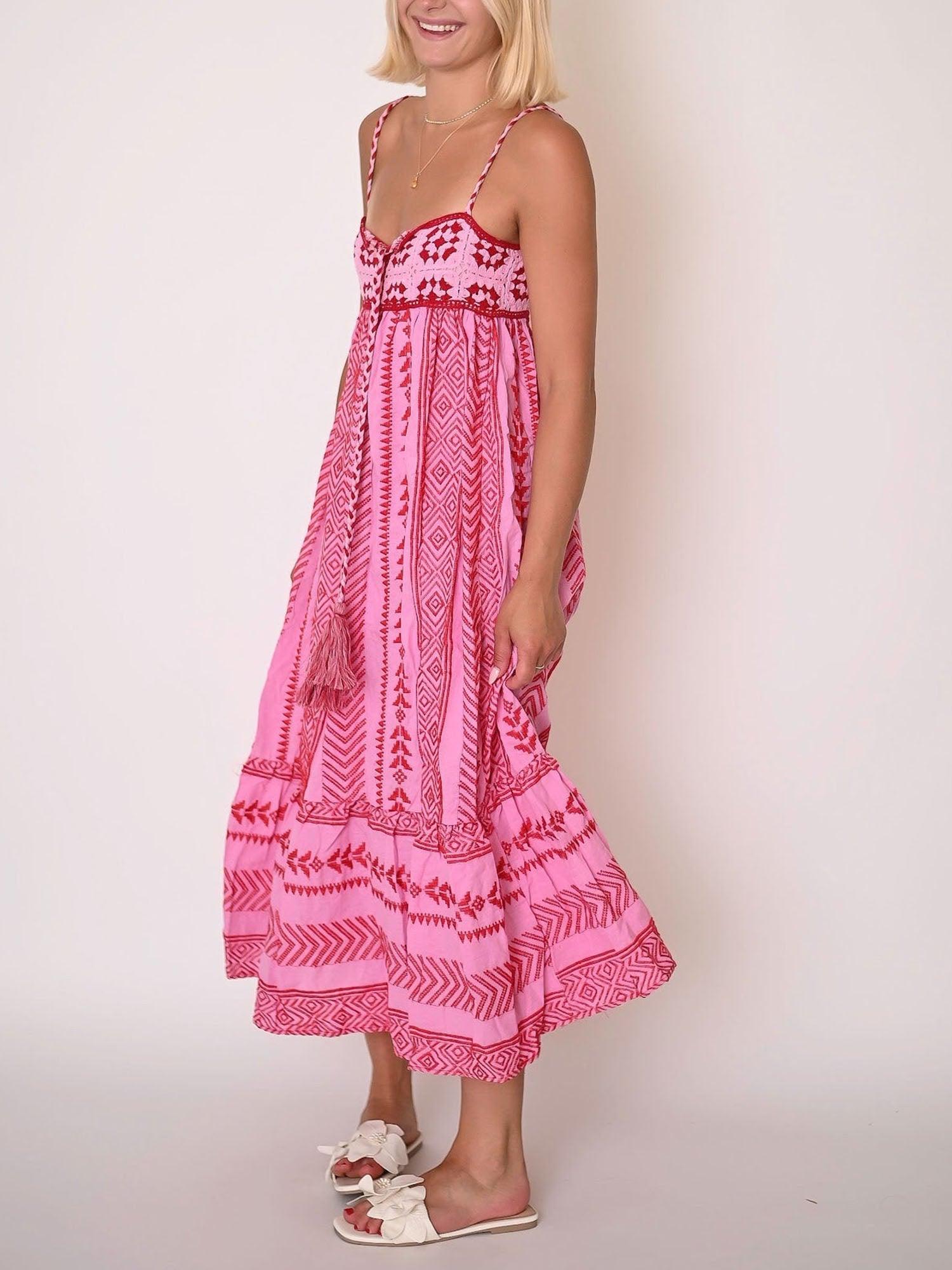 Pink Embroidered Midi Dress-thevervian