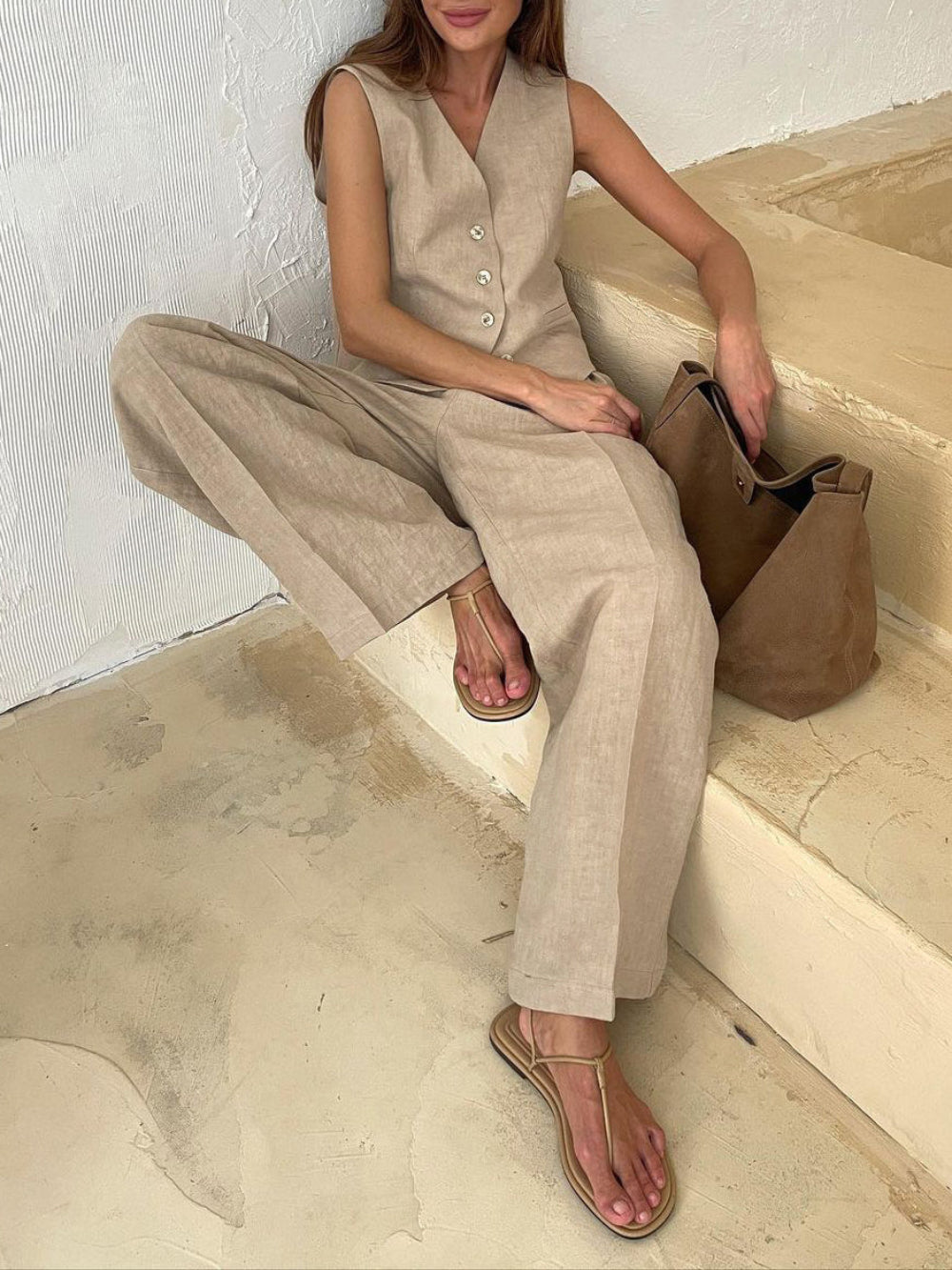 Classic V-neck Pleated Cotton and Linen Wide-leg Pants Suit-thevervian