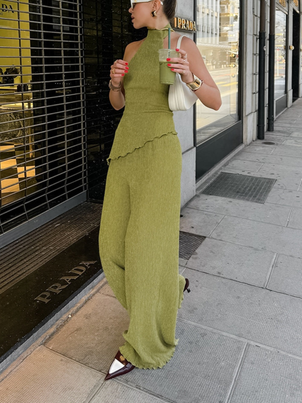 Halter neck pleated textured set-thevervian