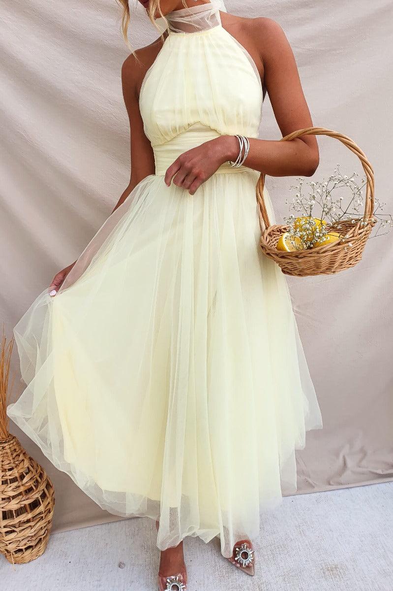 Fairy Vibes Tulle Gathered Detail Halter Maxi Dress-thevervian