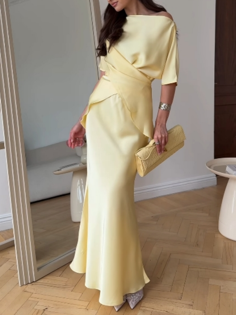 Off-shoulder tie top and skirt set-thevervian