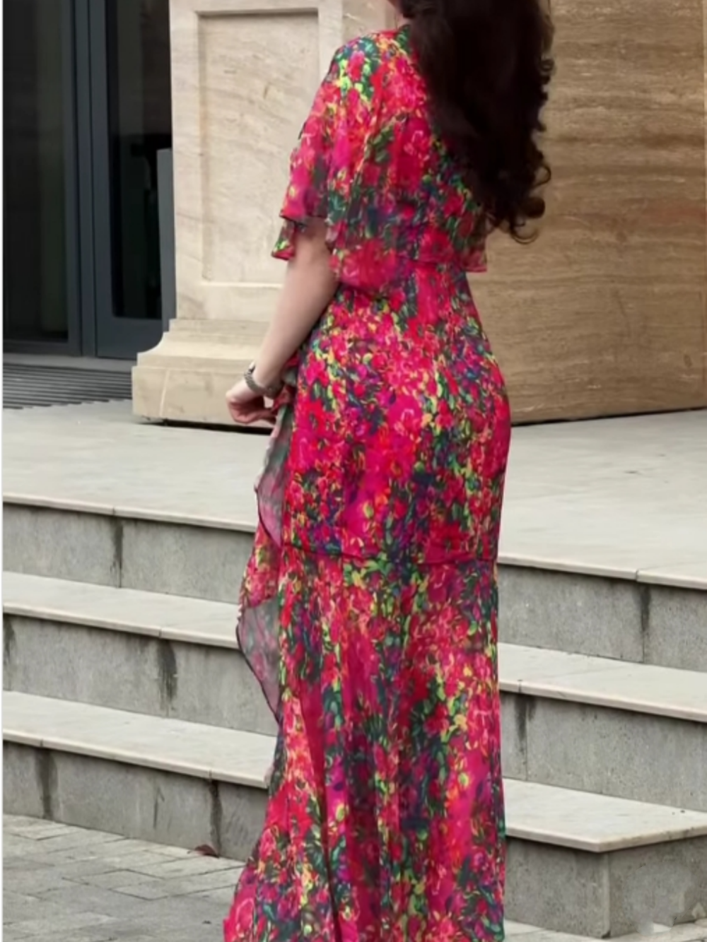 V-neck chiffon print dress with large sleeves-thevervian