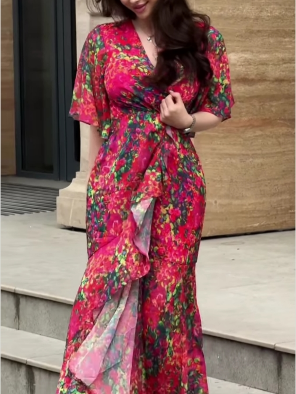 V-neck chiffon print dress with large sleeves-thevervian