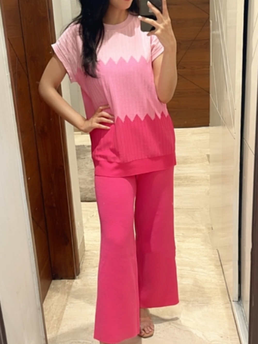 Contrast color crew neck sweater wide leg pants suit-thevervian