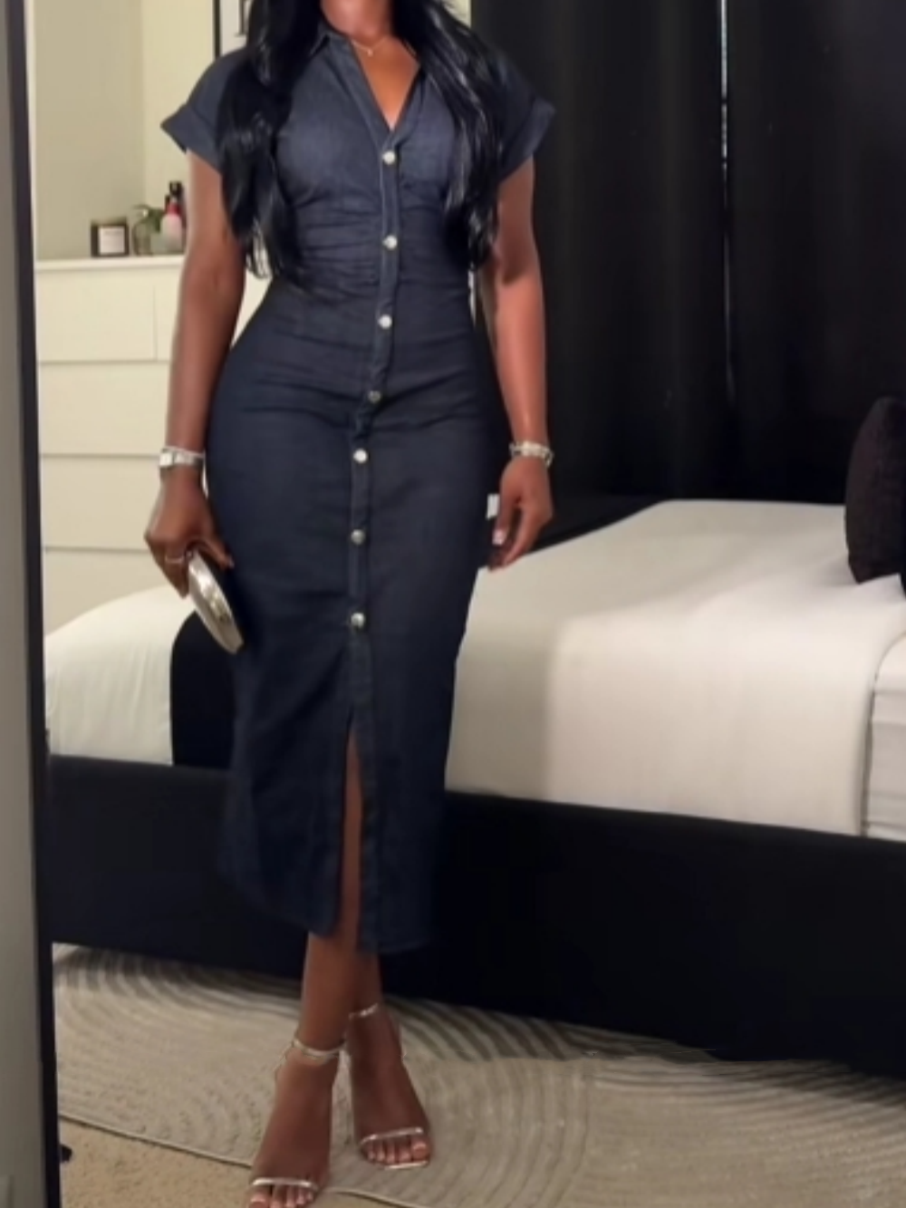 Elegant single-breasted slim-fit denim dress-thevervian