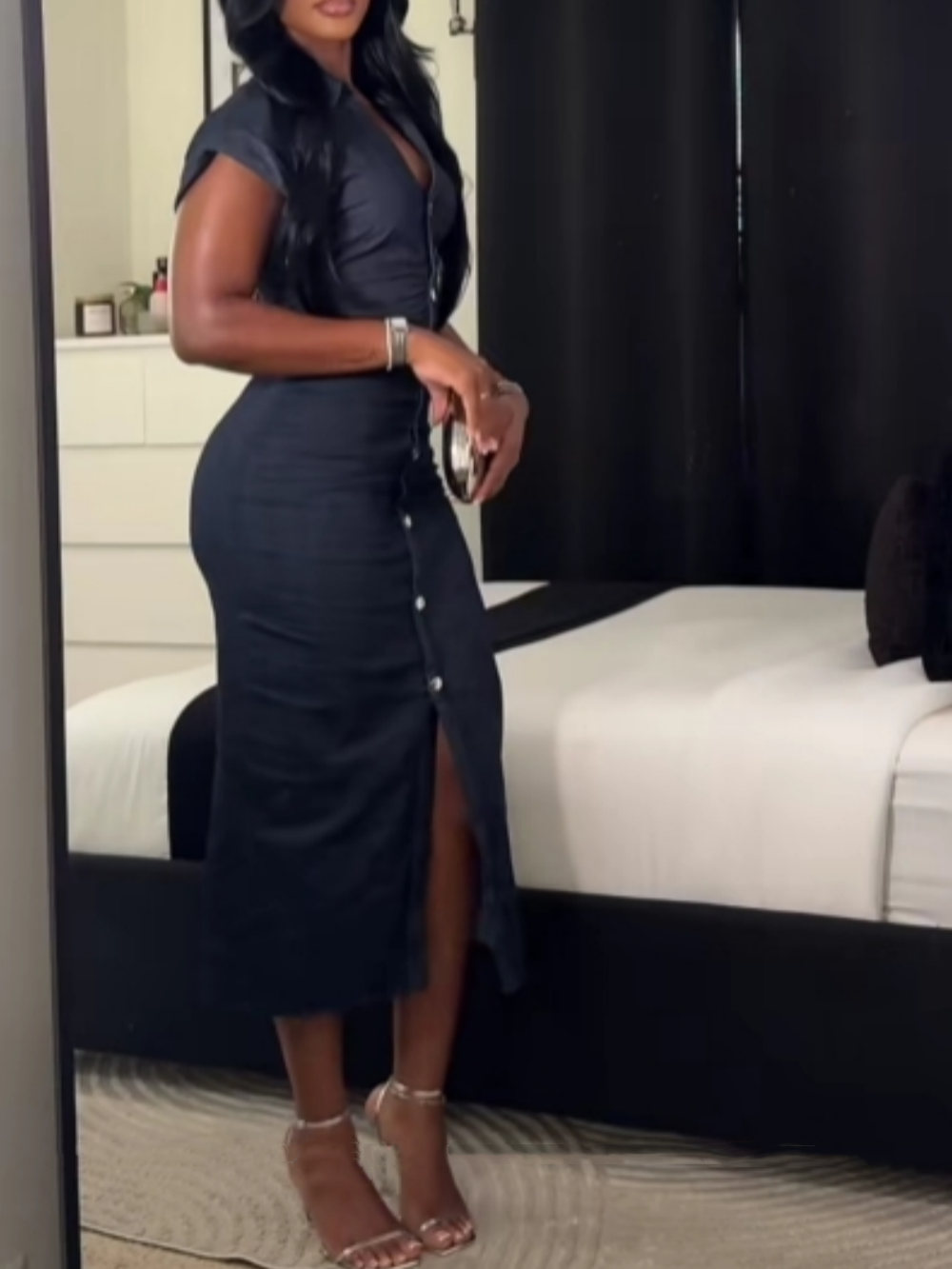 Elegant single-breasted slim-fit denim dress-thevervian