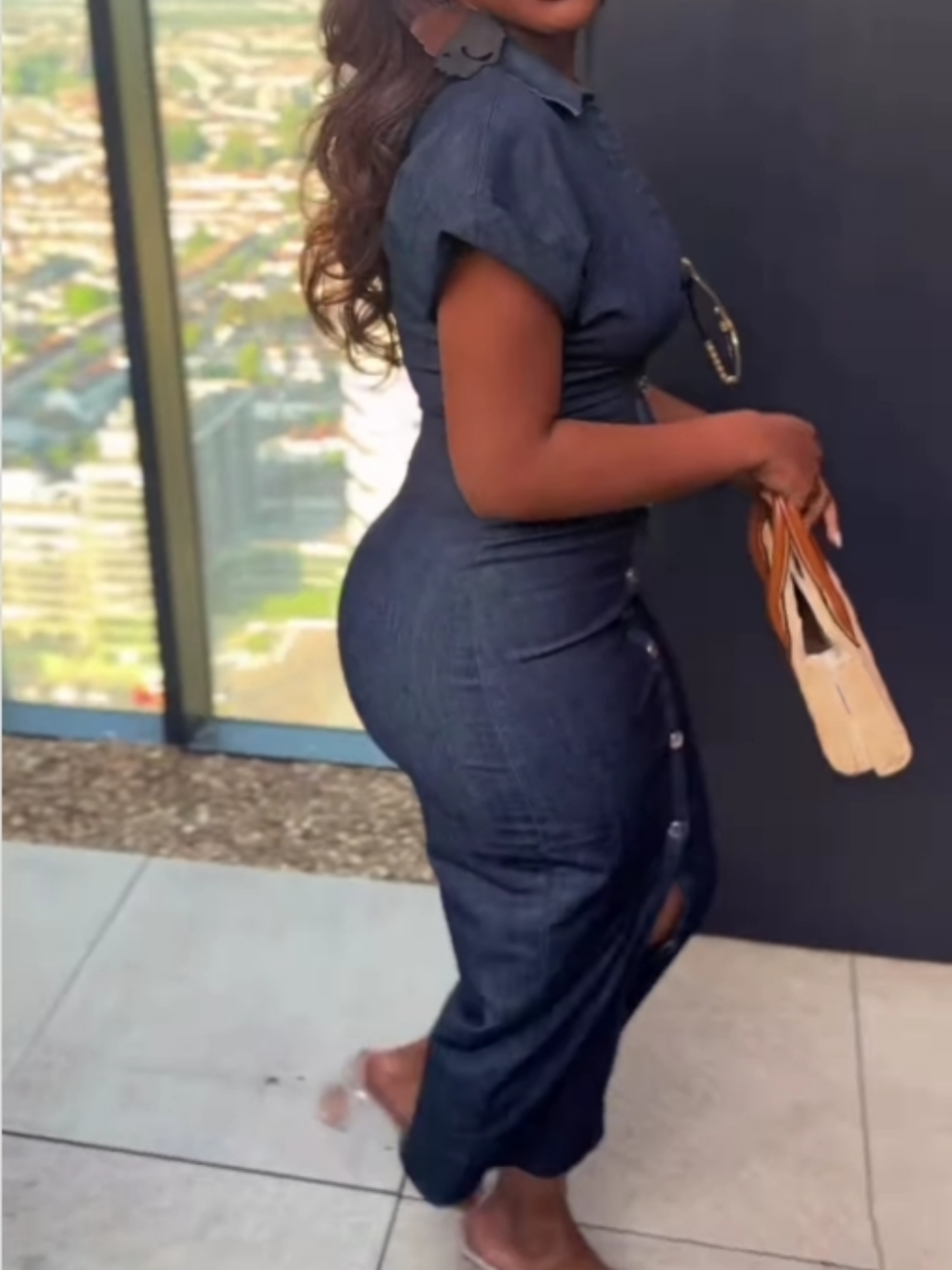 Elegant single-breasted slim-fit denim dress-thevervian