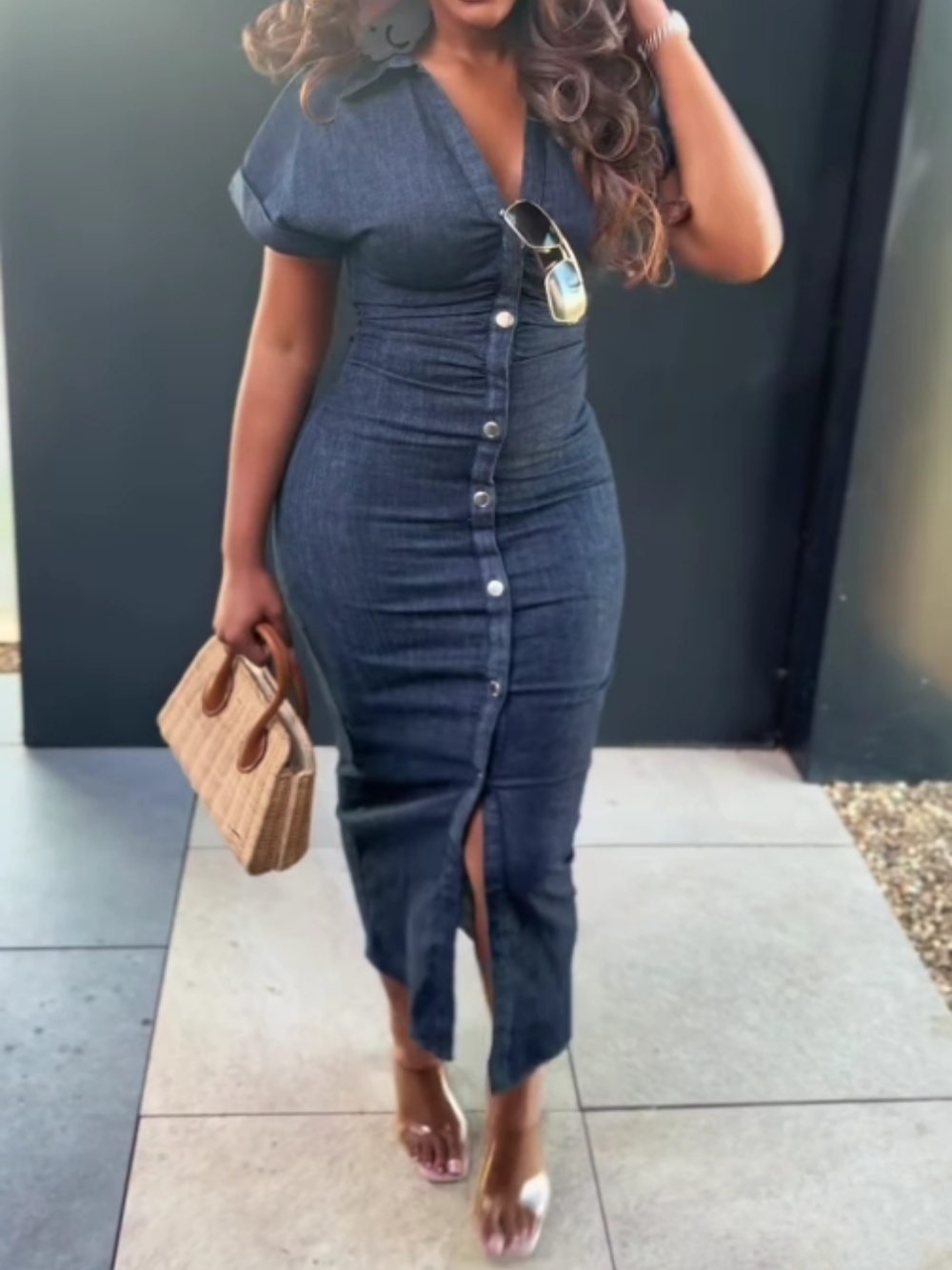 Elegant single-breasted slim-fit denim dress-thevervian