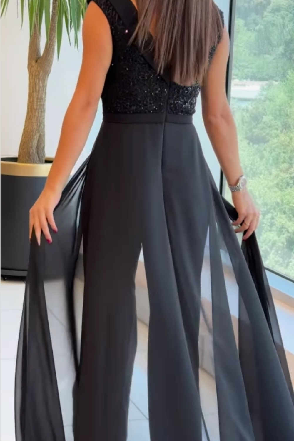 Crew-neck textured-panel tulle jumpsuit-thevervian