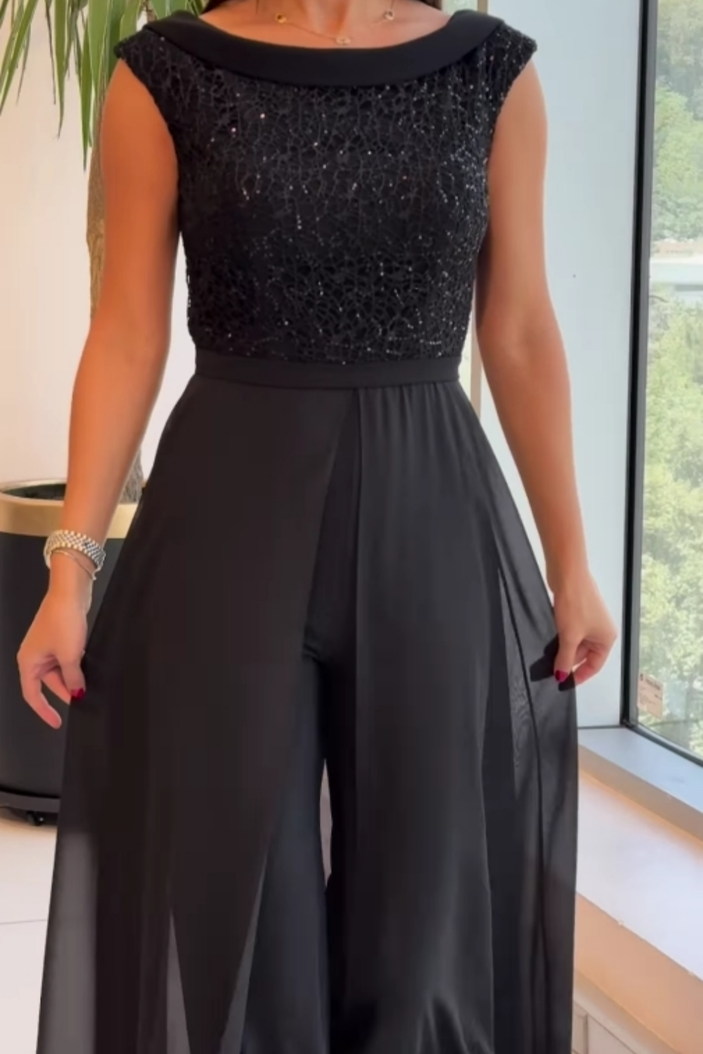 Crew-neck textured-panel tulle jumpsuit-thevervian