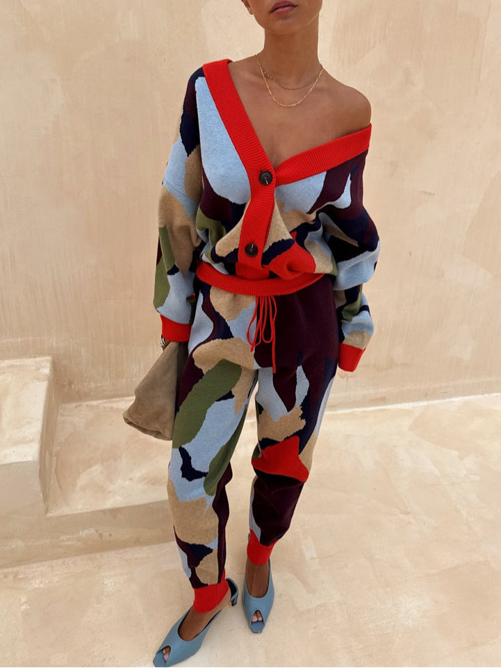 Abstract Geometric Pattern Knitted Jacket-thevervian