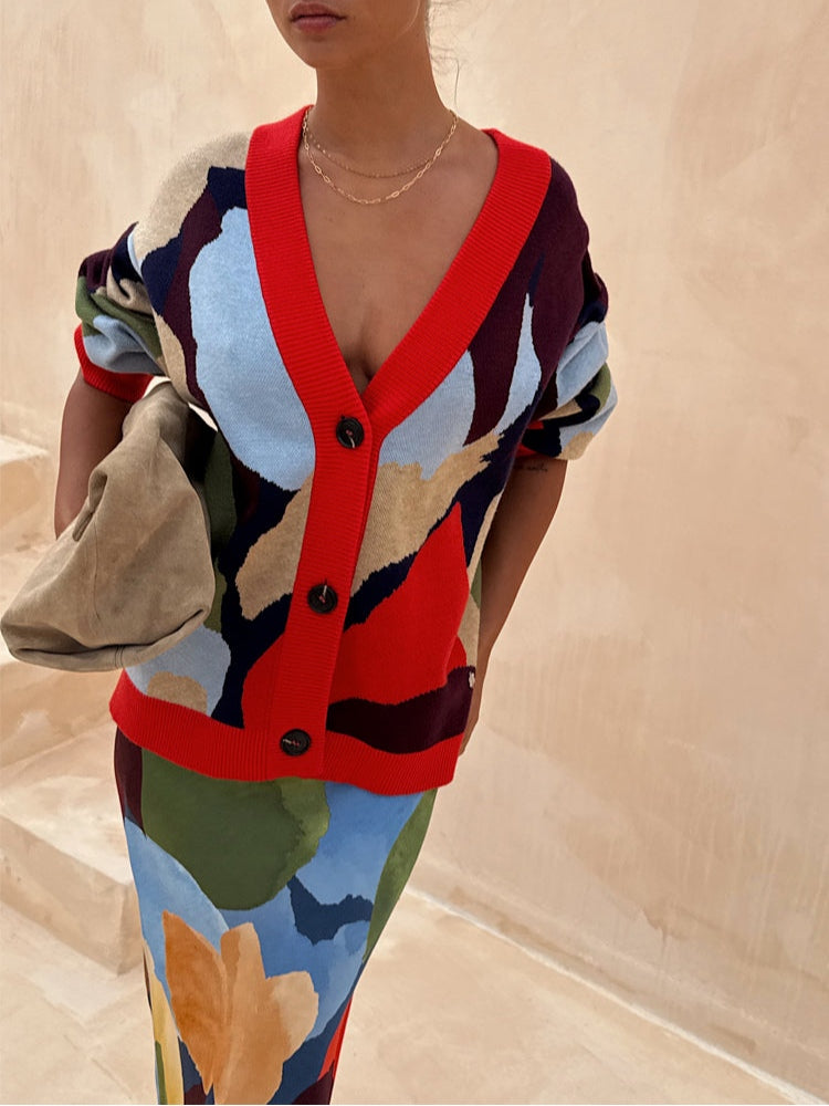 Abstract Geometric Pattern Knitted Jacket-thevervian