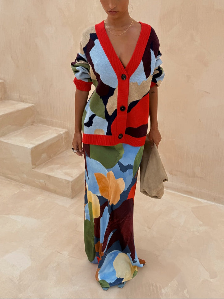 Abstract Geometric Pattern Knitted Jacket-thevervian