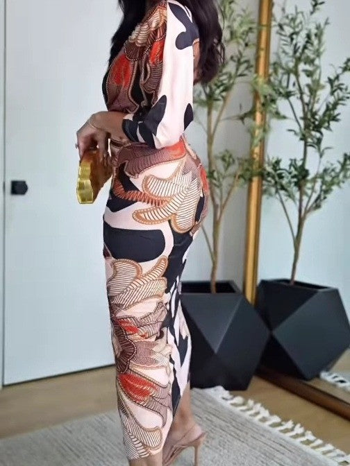 Vintage Baroque Long Sleeve Deep V Neck Bodycon Dress-thevervian