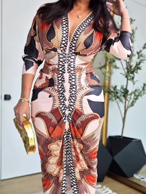 Vintage Baroque Long Sleeve Deep V Neck Bodycon Dress-thevervian