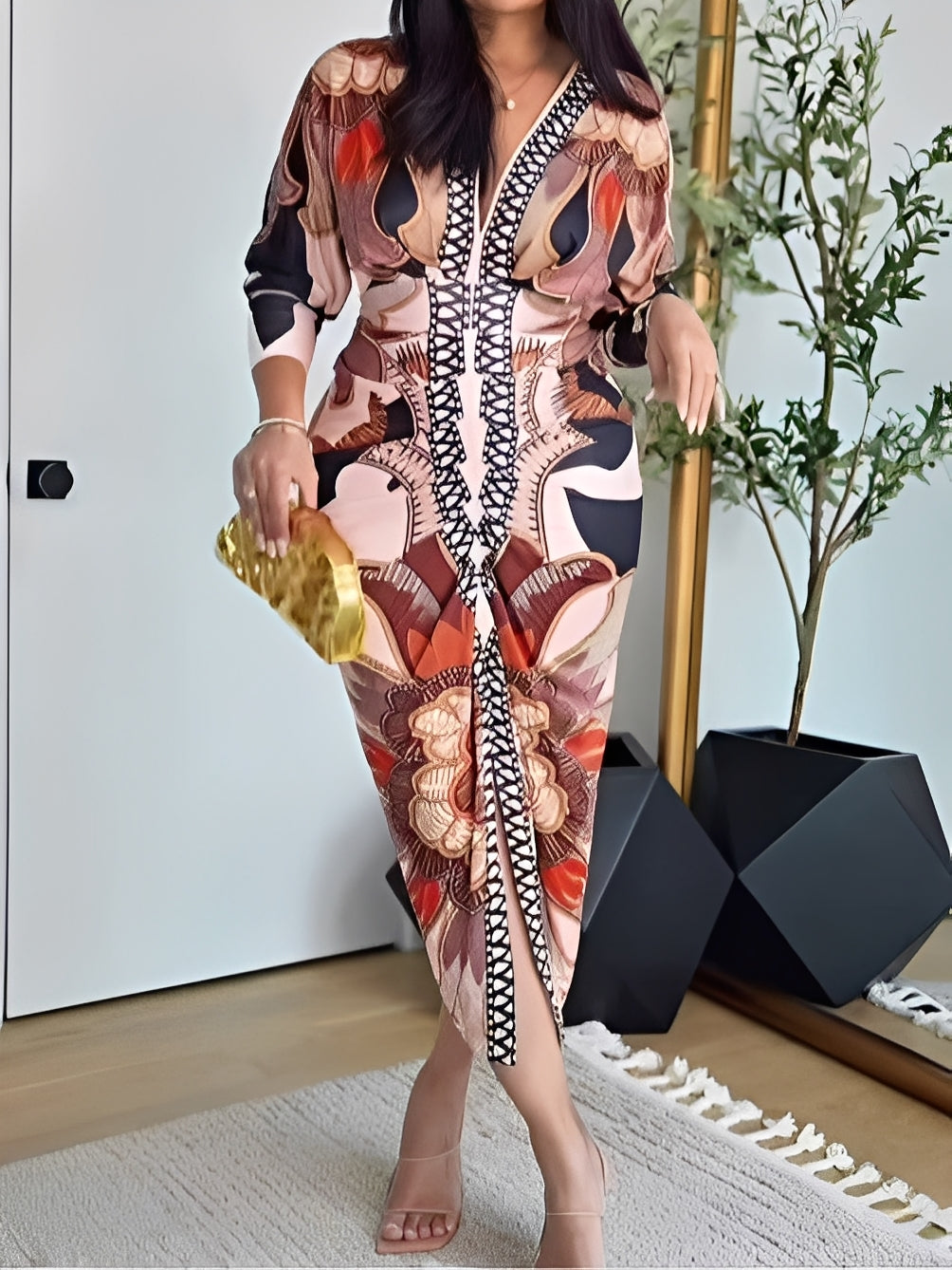 Vintage Baroque Long Sleeve Deep V Neck Bodycon Dress-thevervian