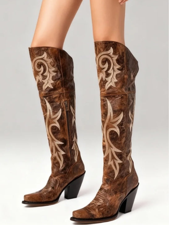 Retro pattern high-heeled thick-heeled high boots-thevervian