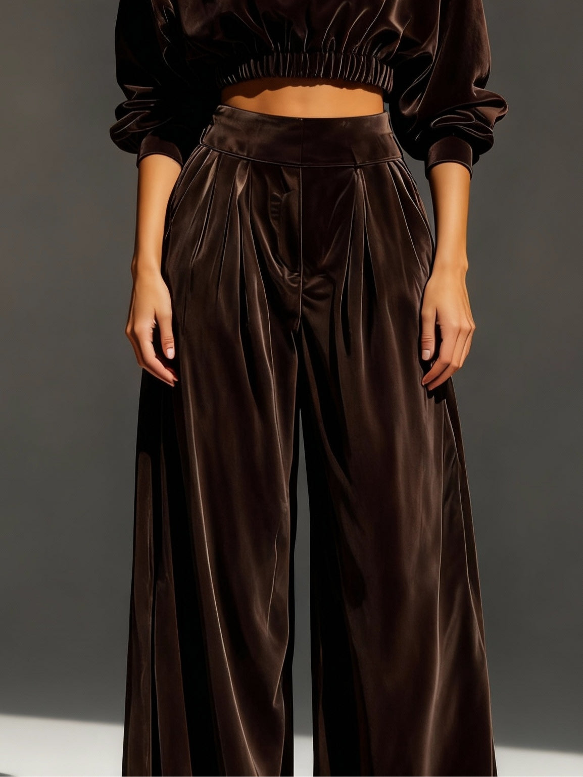 Chocolate turtleneck crop top and velvet trousers set-thevervian