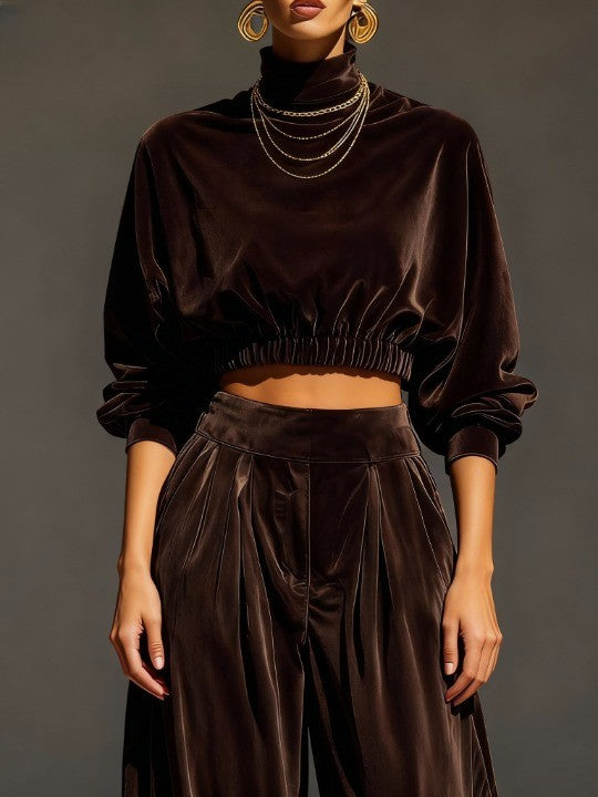 Chocolate turtleneck crop top and velvet trousers set-thevervian