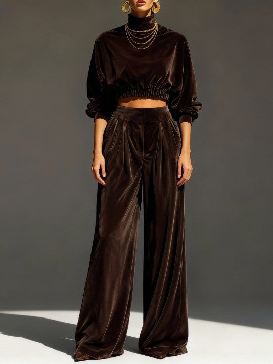 Chocolate turtleneck crop top and velvet trousers set-thevervian