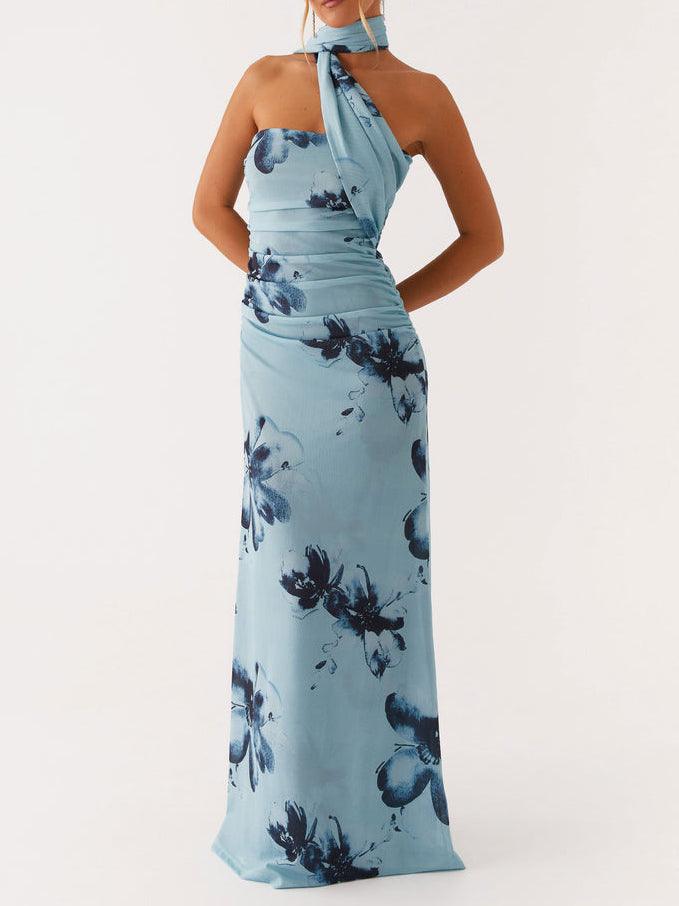 Elegant Floral Print Off-the-shoulder Maxi Dress-thevervian