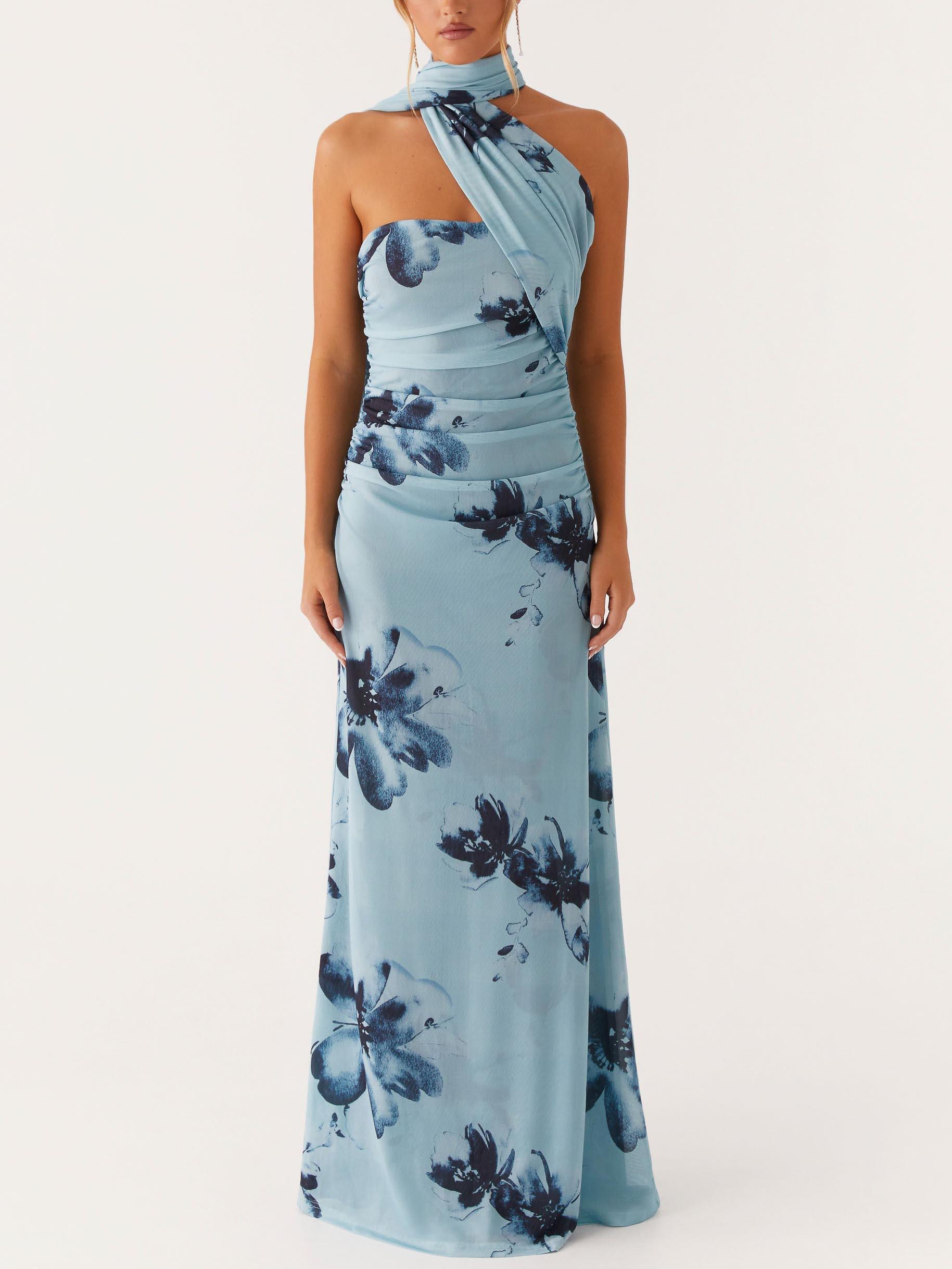 Elegant Floral Print Off-the-shoulder Maxi Dress-thevervian