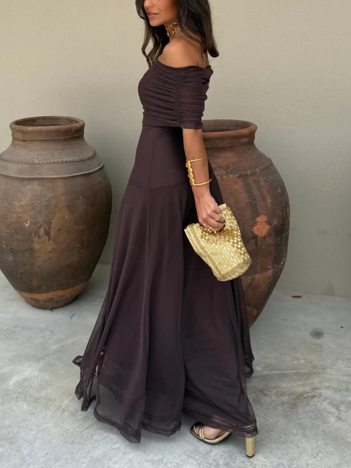 Brown One Shoulder Mesh Maxi Dress-thevervian
