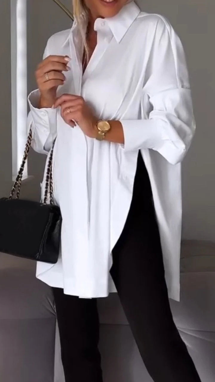White Lapel Slit Shirt-thevervian