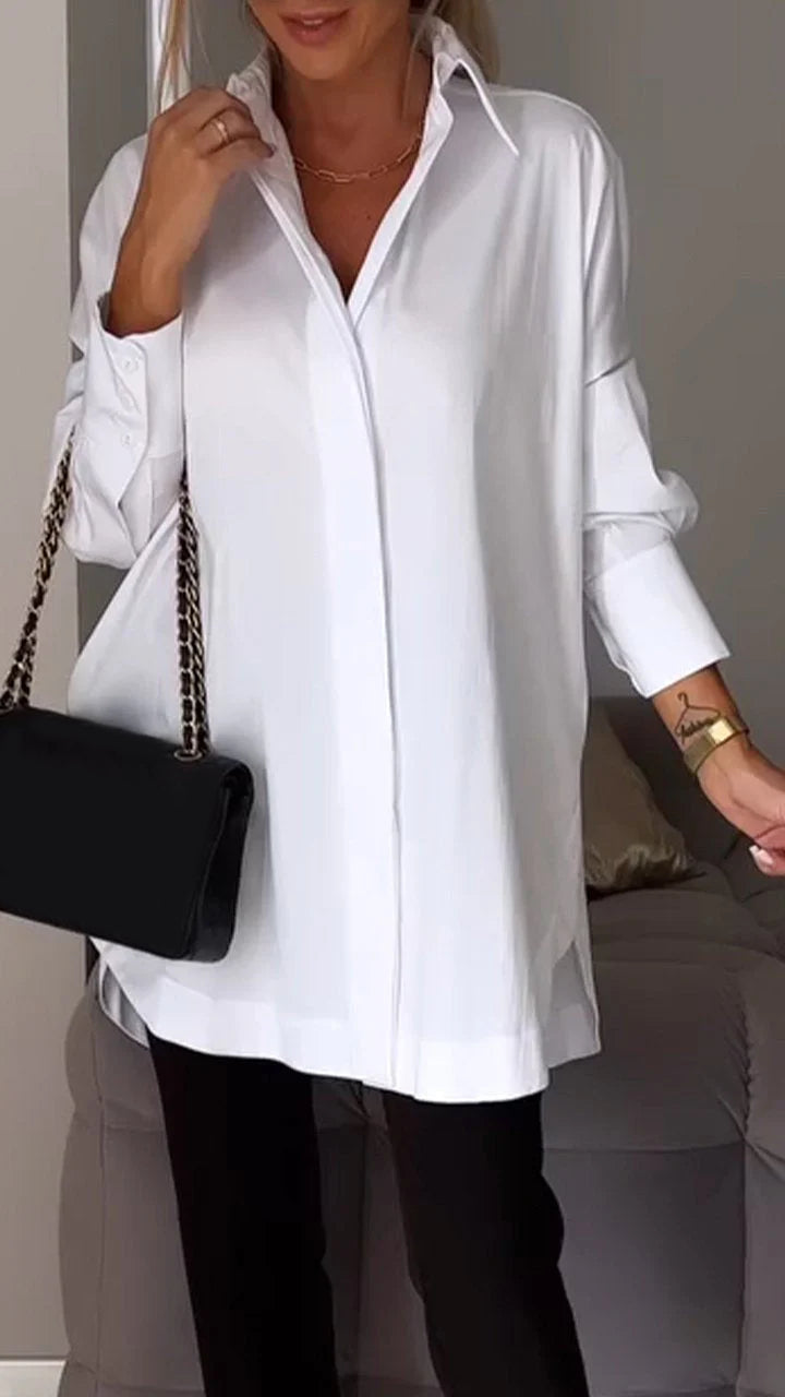 White Lapel Slit Shirt-thevervian