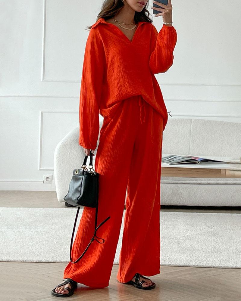 Autumn Simple V-Neck Casual Two-piece Set-thevervian
