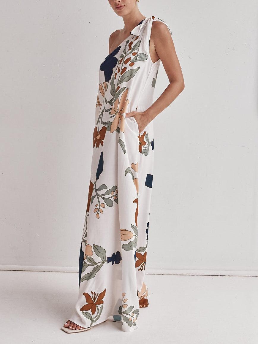 Printed One-Shoulder Maxi Dress-thevervian