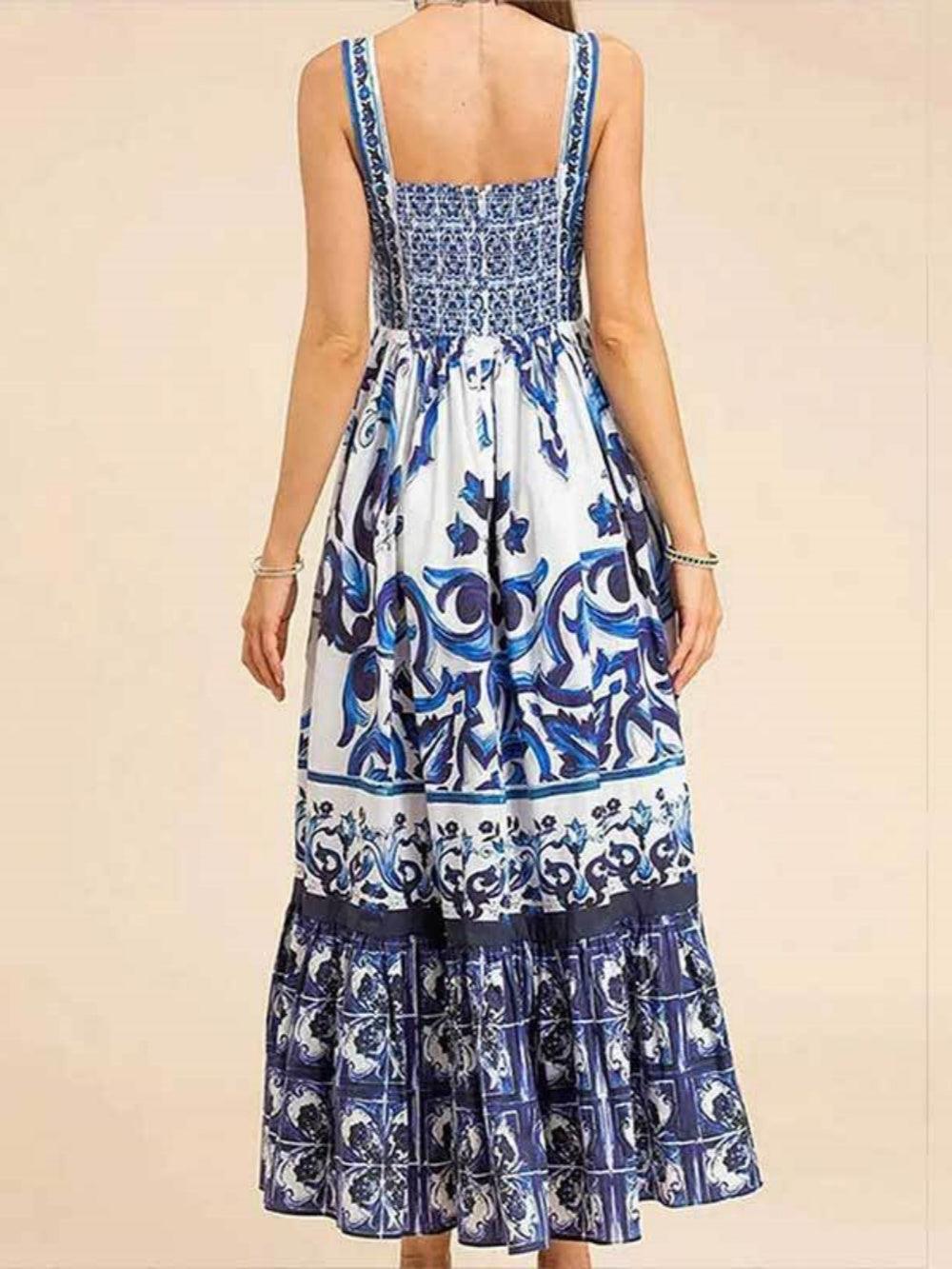 Printed Shirred Strap Maxi Dress-thevervian