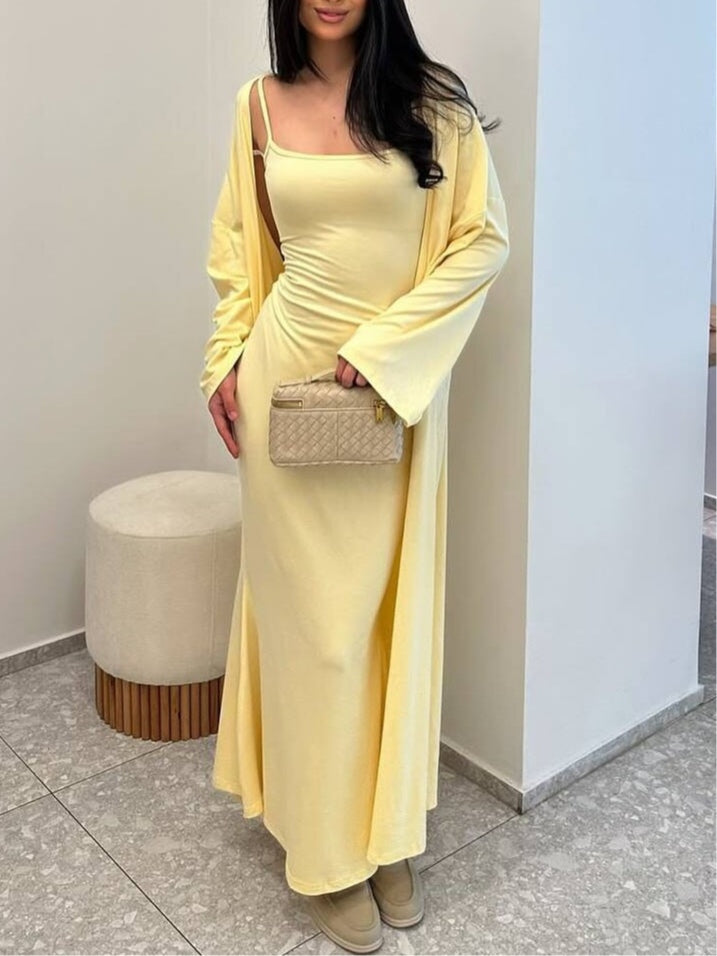 Sleeveless suspender hip dress long cardigan set-thevervian