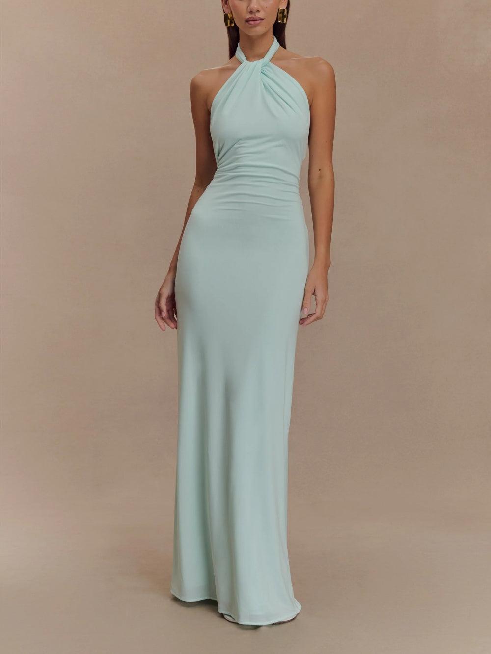 Slinky Halter Maxi Dress - Lagoon-thevervian