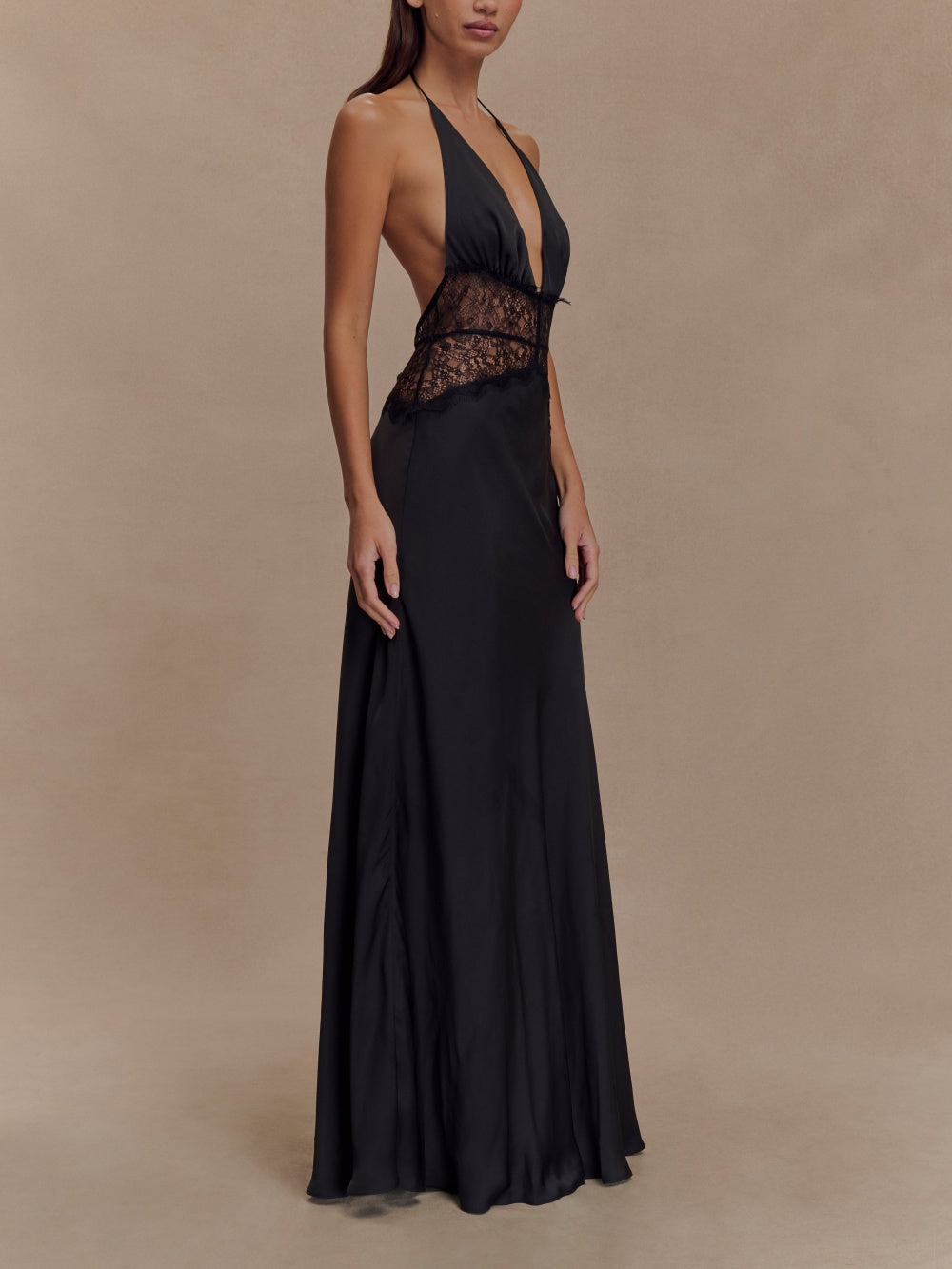Deep V silk satin maxi dress with halterneck-thevervian