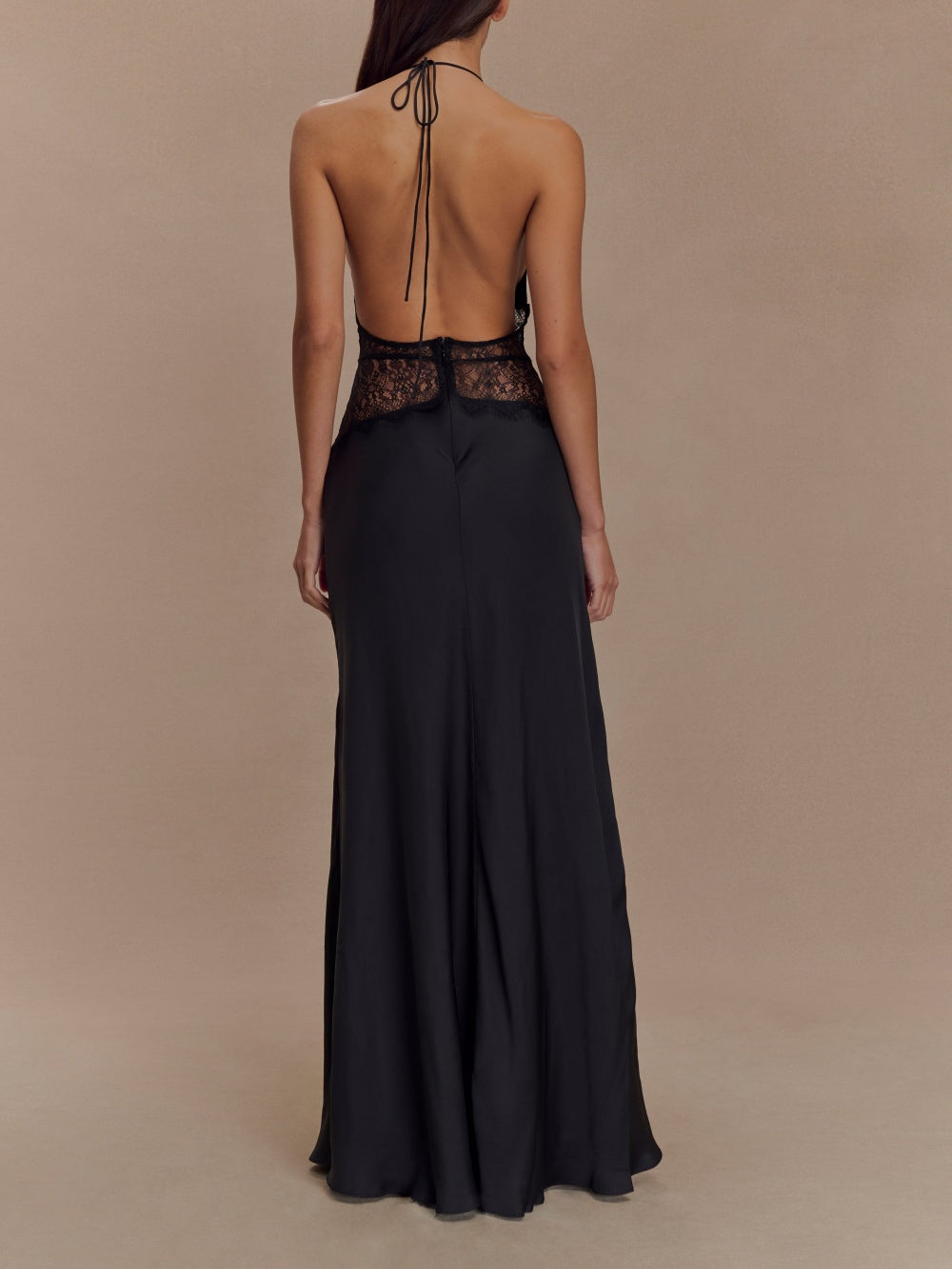 Deep V silk satin maxi dress with halterneck-thevervian