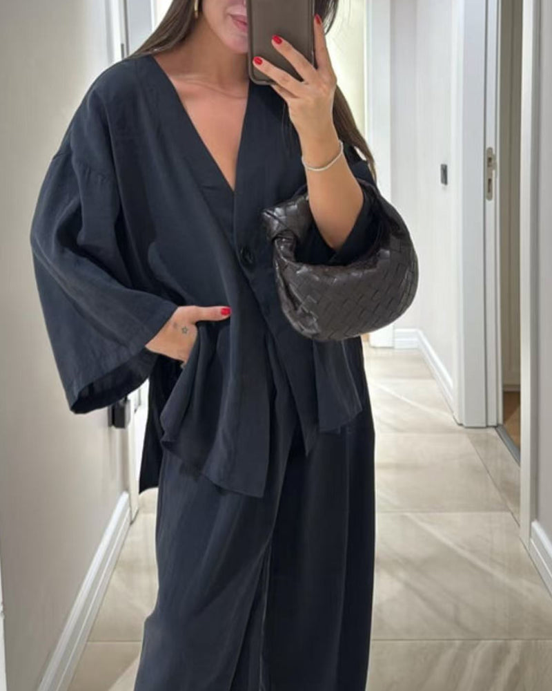 Casual V-Neck Top & Pants Two-Piece Set-thevervian