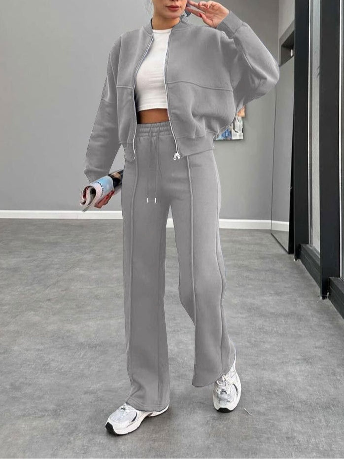 Women's zippered cardigan and straight pants suit-thevervian