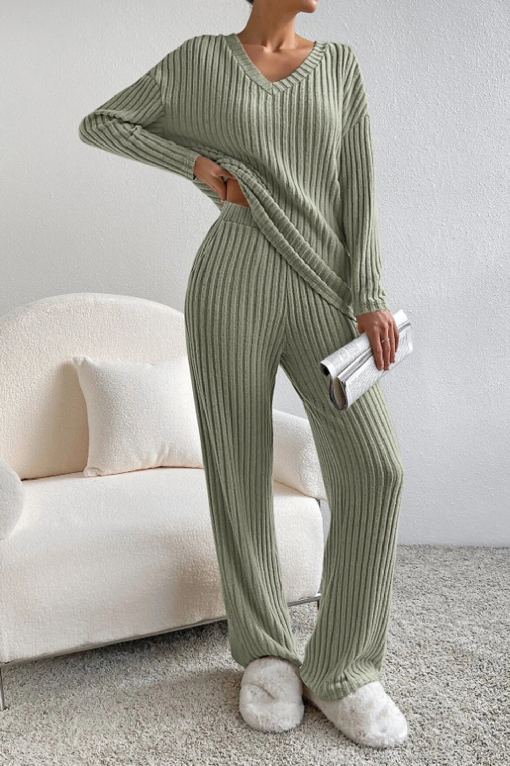 Ribbed V-Neck Top and Pants Set-thevervian