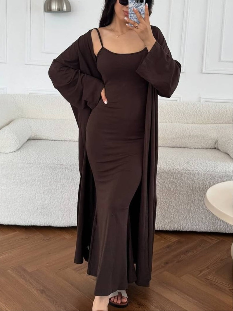 Sleeveless suspender hip dress long cardigan set-thevervian