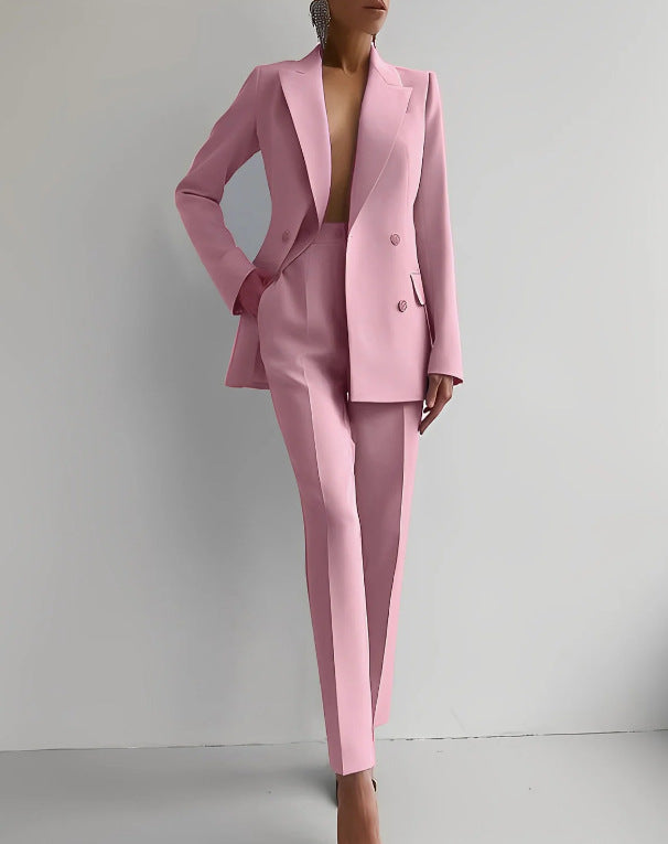 Casual Commuting Solid Color Blazer & High Waist Pants Set-thevervian