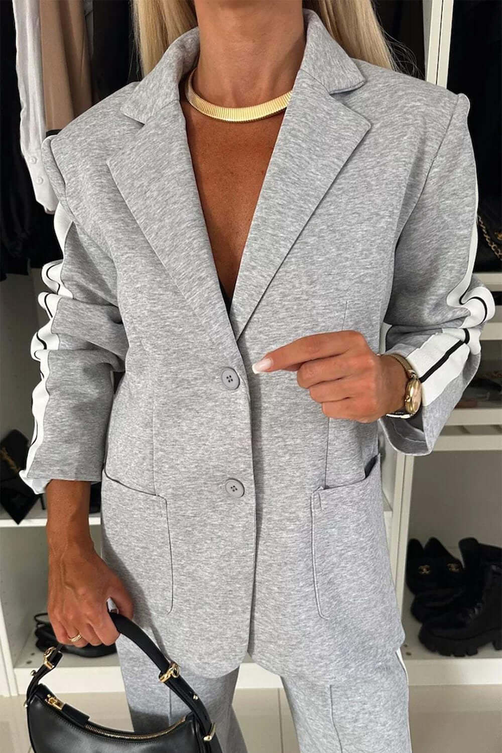 Contrast Lapel Collar Top and Pants Set-thevervian
