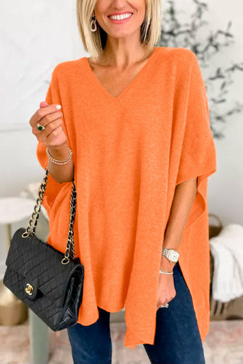 Chicest V Neck Loose Fit Solid Poncho Sweater-thevervian